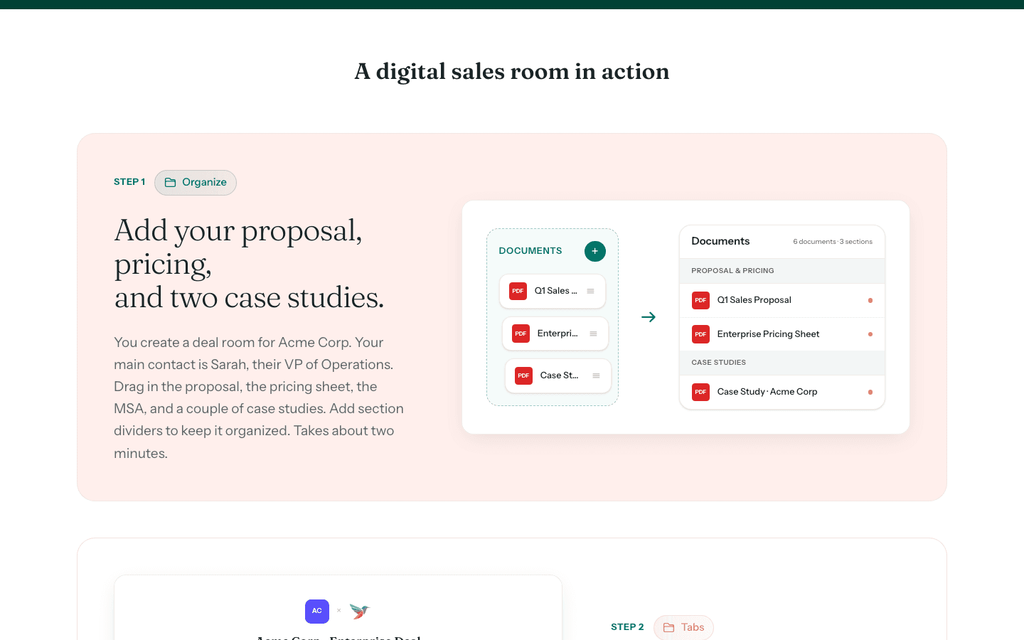 HummingDeck digital sales room workflow shown on the official product page